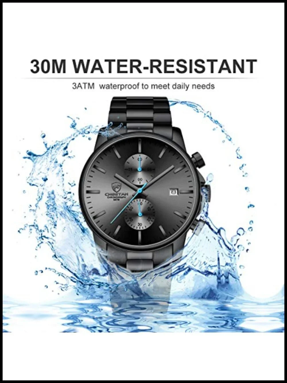 Mens Stainless Steel Chronograph Quartz Watch Waterproof Auto Date